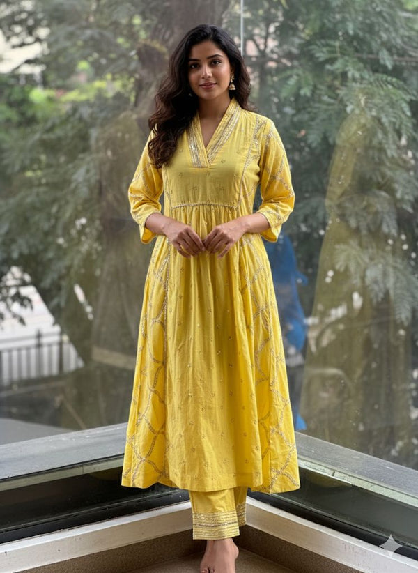 Yellow Tari work Kurta Set