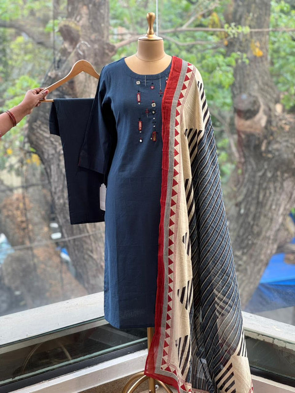 Blue Mirror Work Dupatta Set