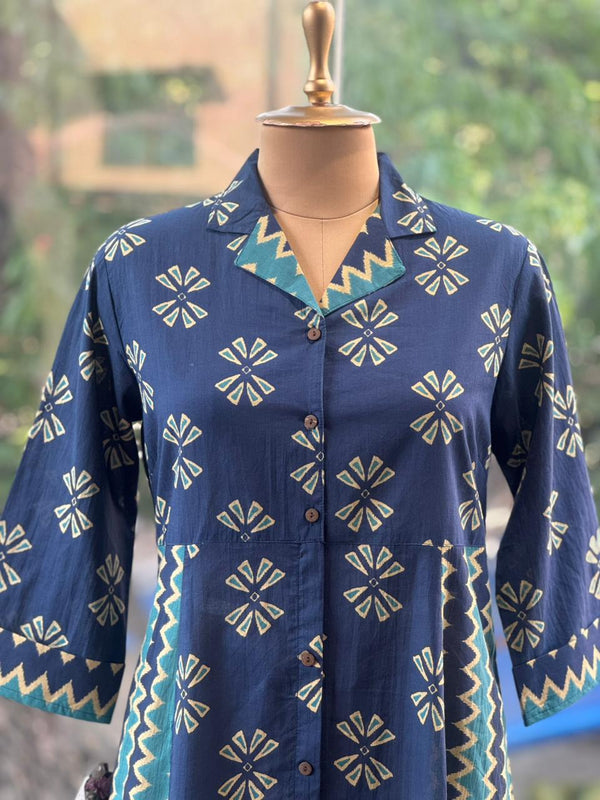 Blue A-Line Collared Neck Tunic