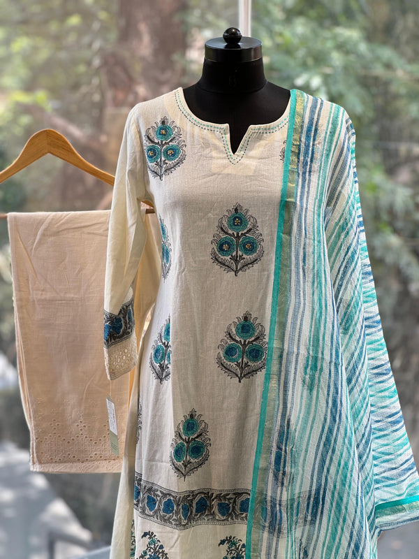White Block Print Suit Set