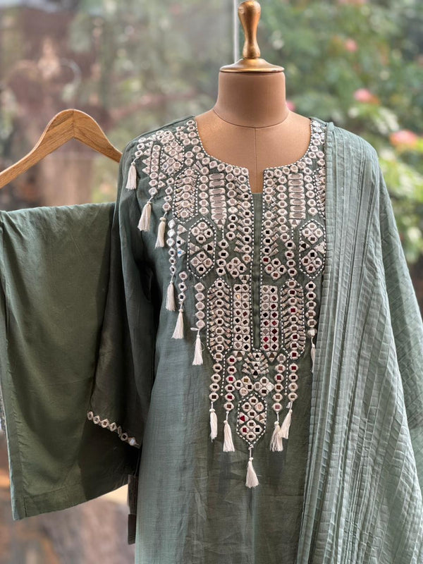 Green Mirror Yoke Dupatta Set