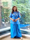 Blue Organza Shirt & Pleated Skirt Set with Applique Detail