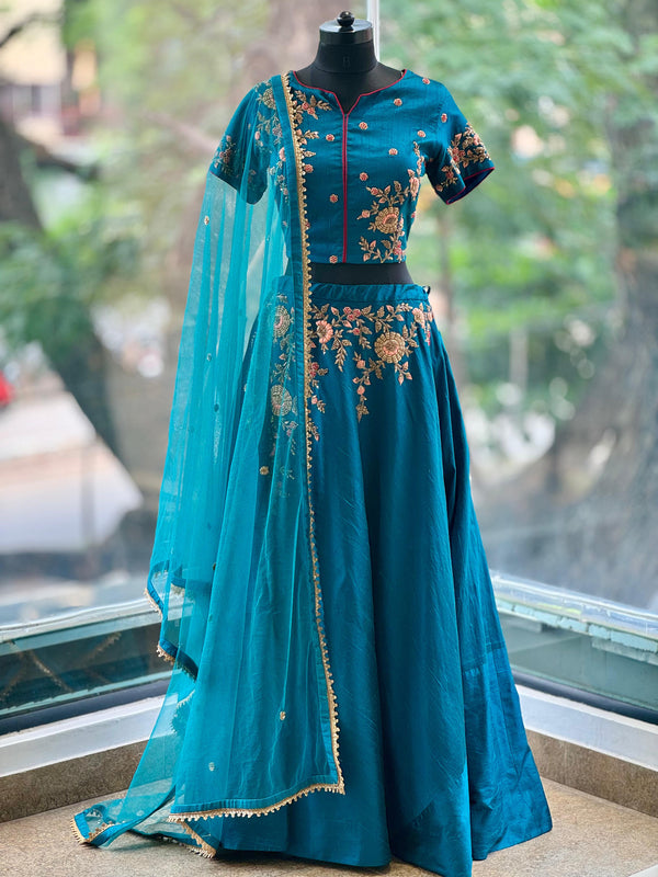 Teal Blue Raw Silk Lehenga Set