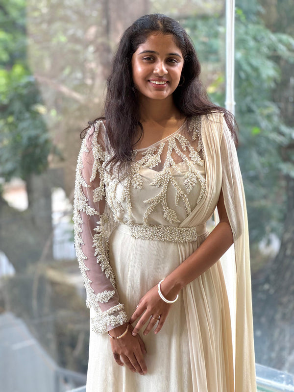 Off White Intricate Work Drape Gown
