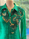 Emerald Green Organza Shirt & Pleated Skirt Set with Applique Detail