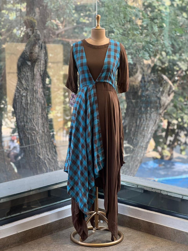 Brown Checks Asymmetrical Dress