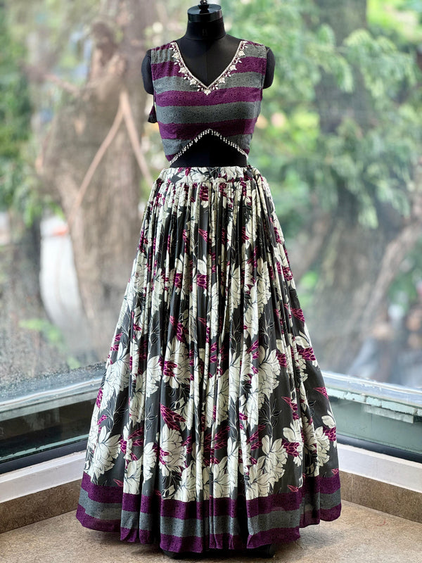 Grey/Purple Floral Lehenga Set