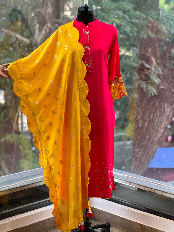 Red Scallop Dupatta Set