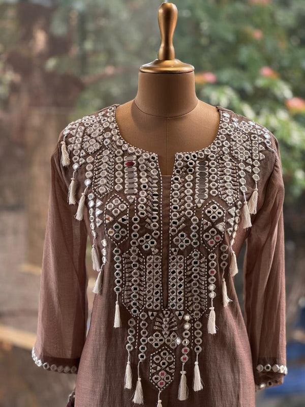Brown Mirror Yoke Dupatta Set