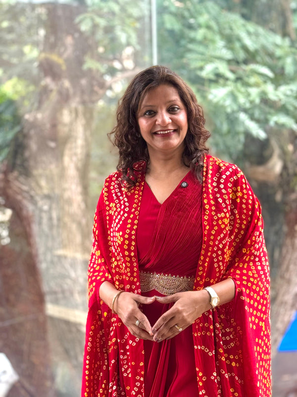 Red Bandhej Cape Set