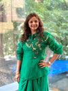 Emerald Green Organza Shirt & Pleated Skirt Set with Applique Detail