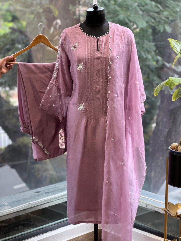 Mauve Flower Embroidered Suit Set