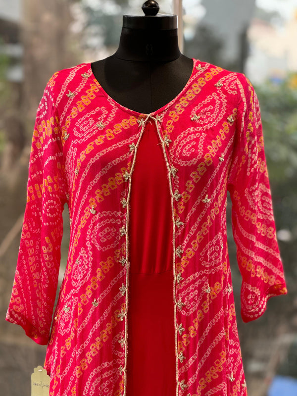 Red Bandhej Jacket Gown