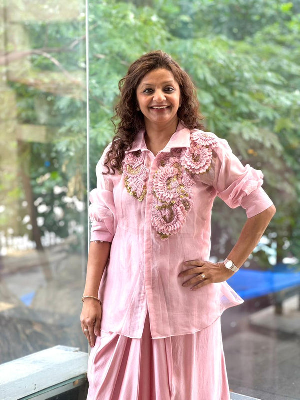 Light Pink Organza Shirt & Pleated Skirt Set with Applique Detail