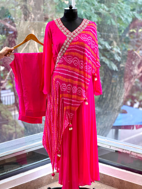 Pink Bandhej Angarakha Style Co Ord