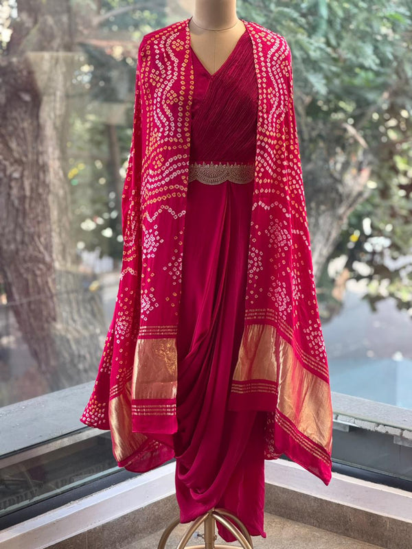 Pink Bandhej Cape Set