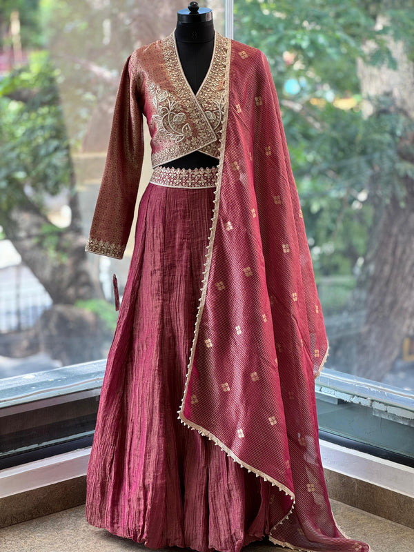 Maroon Designer Made Tissue Lehenga Set