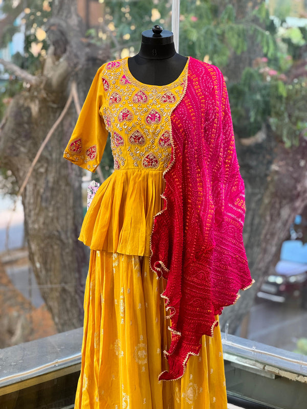 Yellow Handwork Peplum with Banarasi Skirt