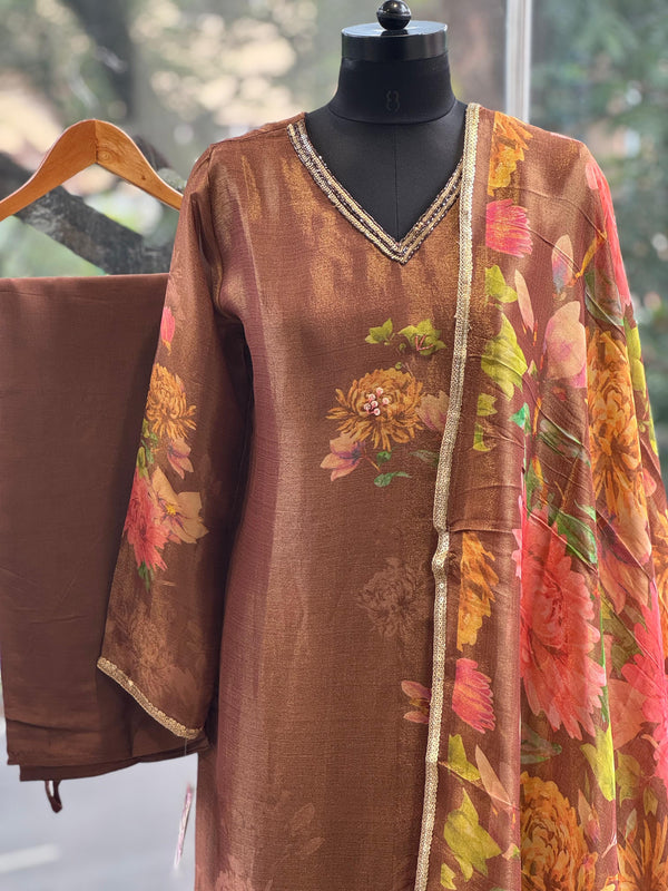Brown Tissue Floral Dupatta Set