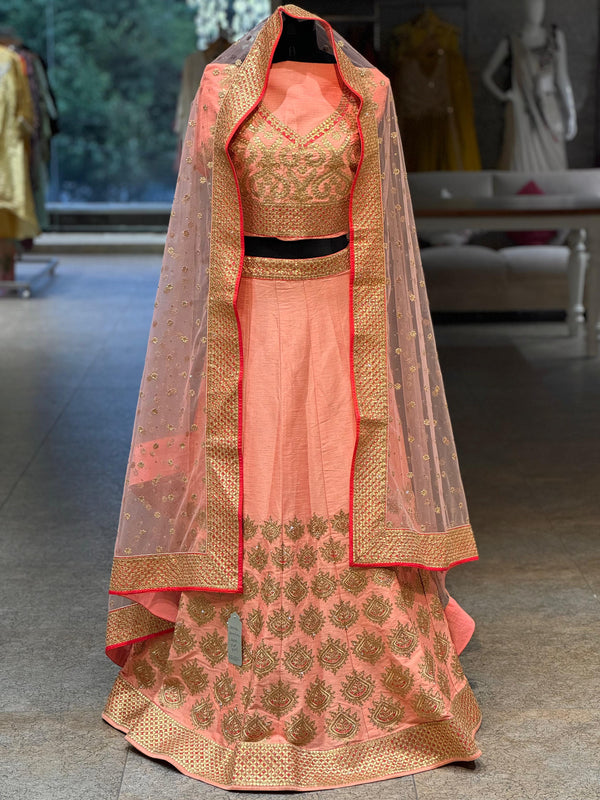 Peach Gota Work Unstitched Lehenga Set