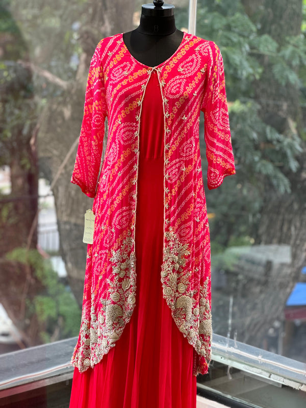 Red Bandhej Jacket Gown