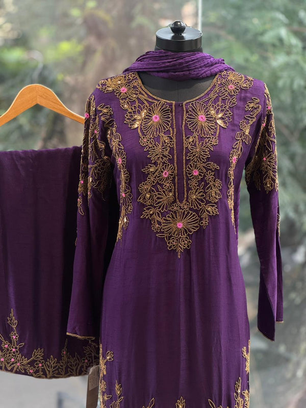 Purple Gold Beads Work Suit
