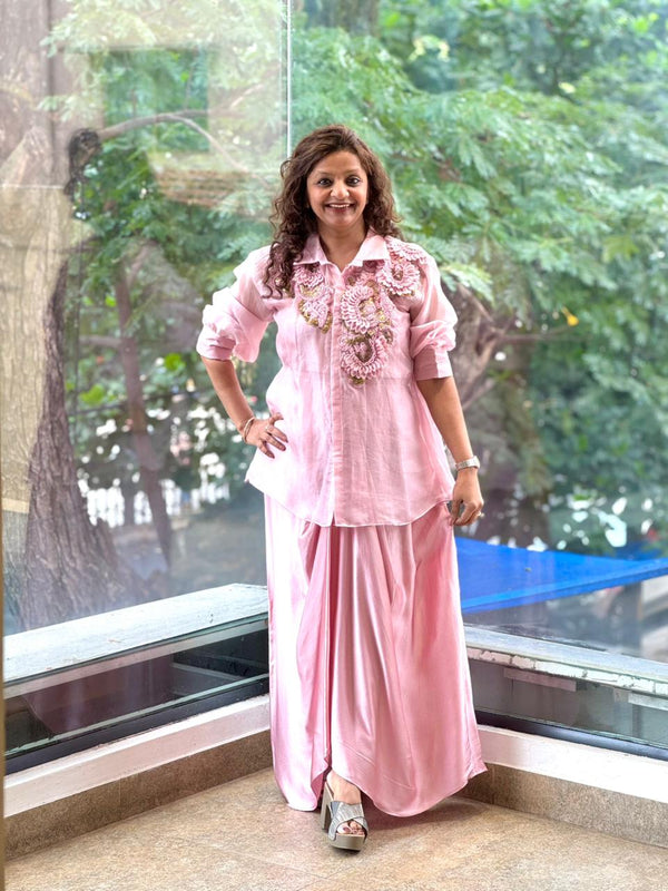 Light Pink Organza Shirt & Pleated Skirt Set with Applique Detail