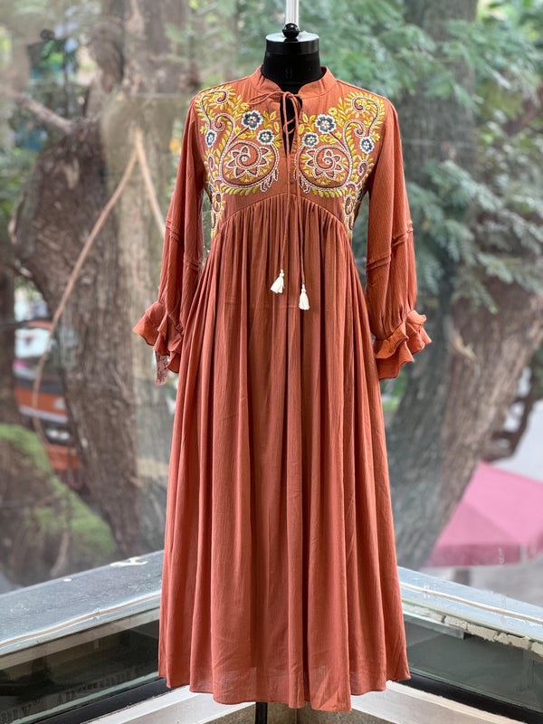 Brown Hand Embroidered Alia Cut Tunic