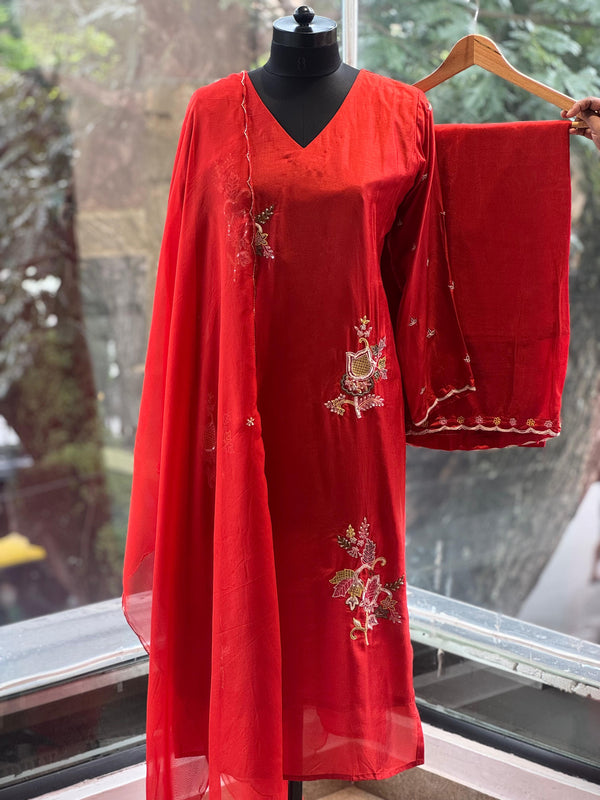 Rust V Neck Dupatta Set