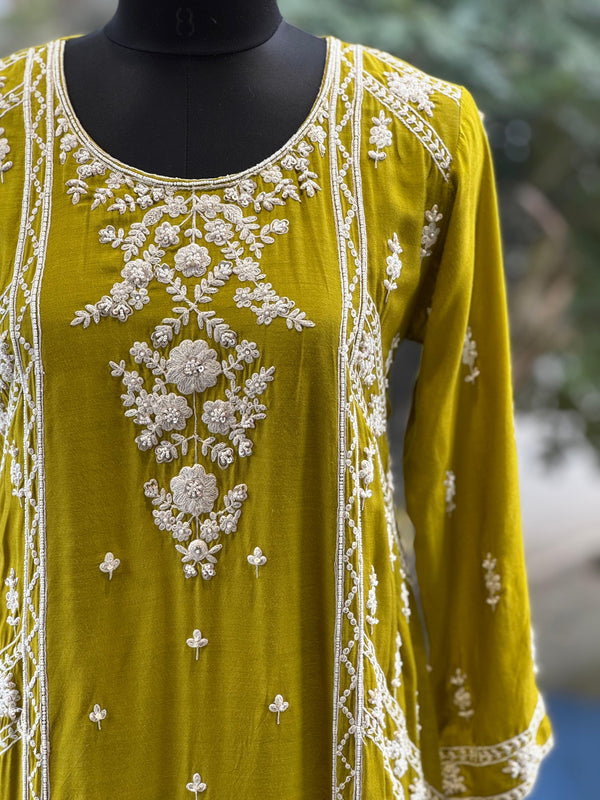 Green White Embroidery Suit