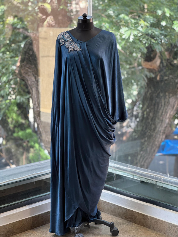 Blue Stylish Side Cowl Gown