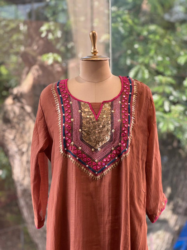 Rust Mirror work Dupatta Set