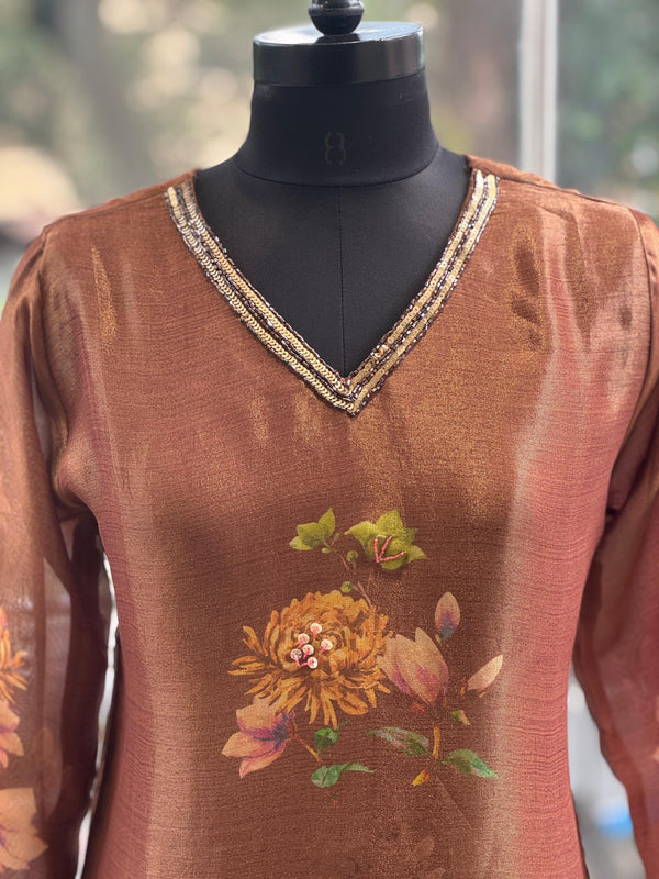 Brown Tissue Floral Dupatta Set