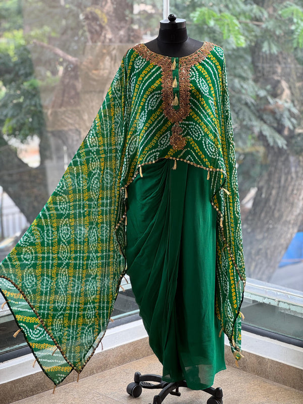 Green Bandhej Cape Set