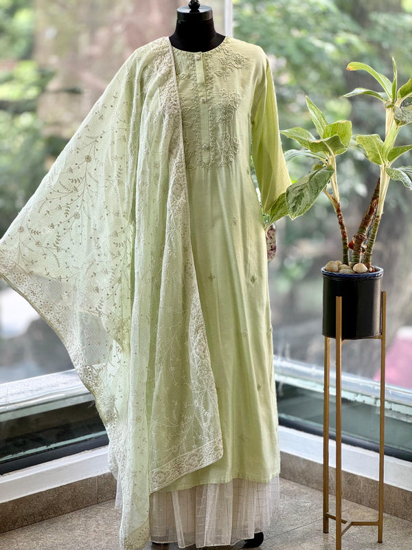 Pista Green Embroided Long Kurta With Dupatta