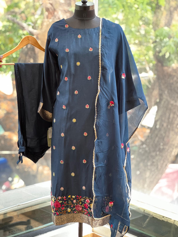 Navy Blue Colourful Thread Embroidered Suit Set