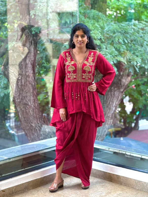 Maroon Peplum Top Skirt Set