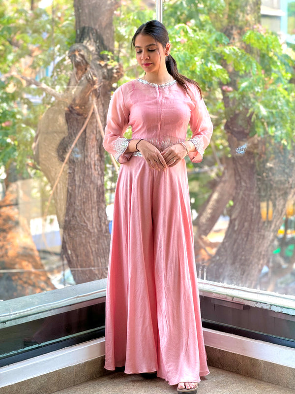 Pink Wide Leg Pants with Sheer Top