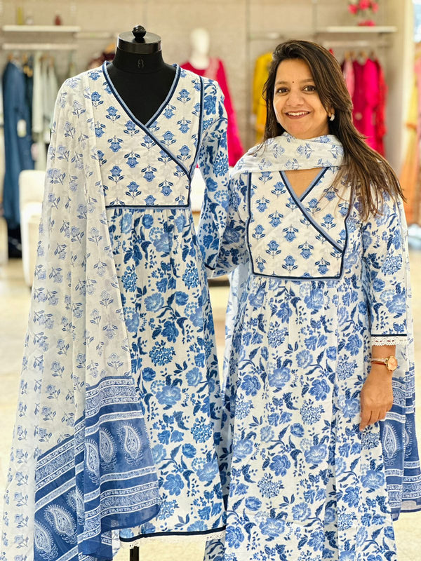White/Blue Floral Suit Set