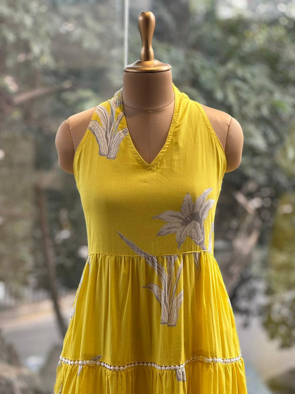Yellow Mul Halter Neck Dress