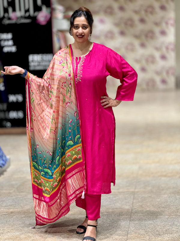 Pink Suit Set With Kalamkari Dupatta