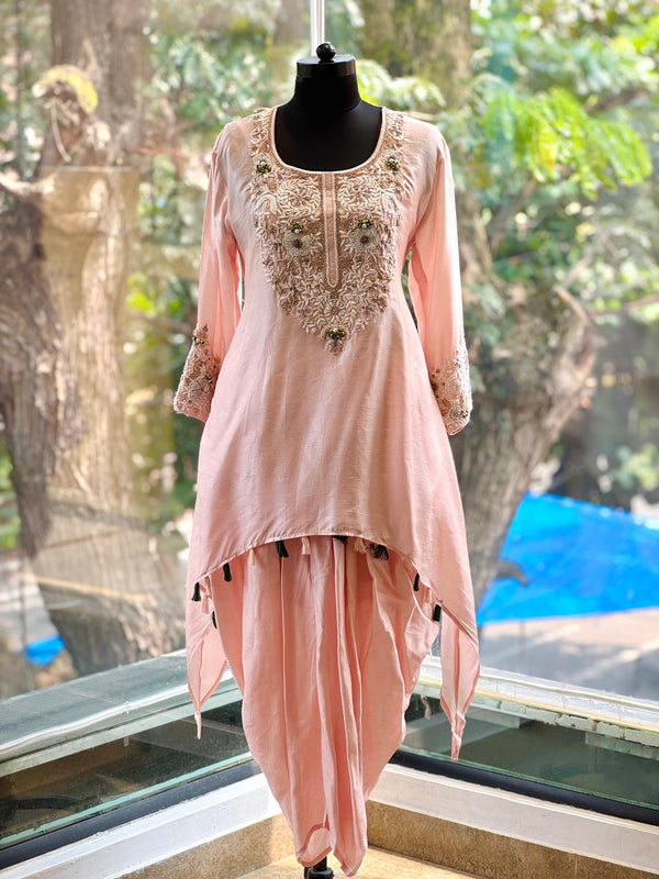 Peach Intricate Yolk Dhoti Set