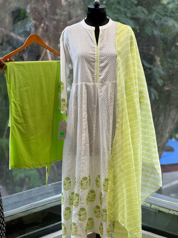 White Block Print Dupatta Set