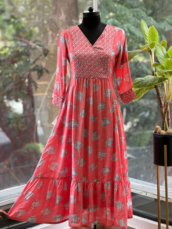 Peach V neck Leaf Print Tunic