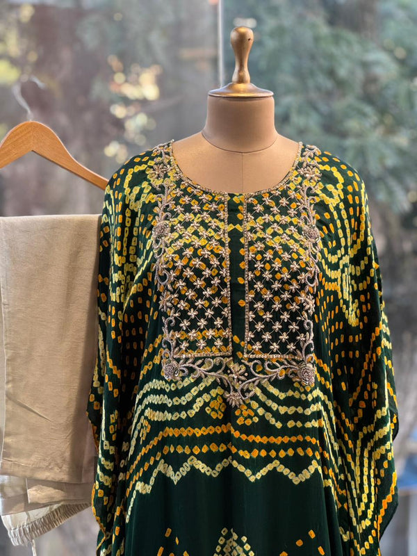 Green Bandhej Kaftan Co Ord