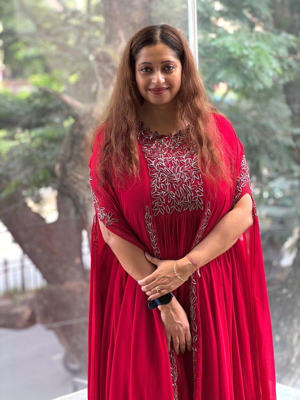Red Pipe Work Gown
