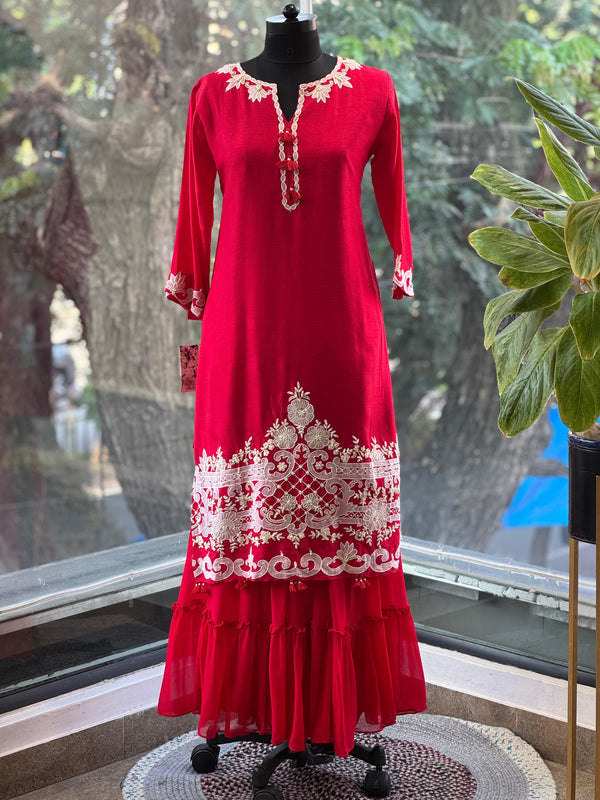 Red Embroidered Sharara Set