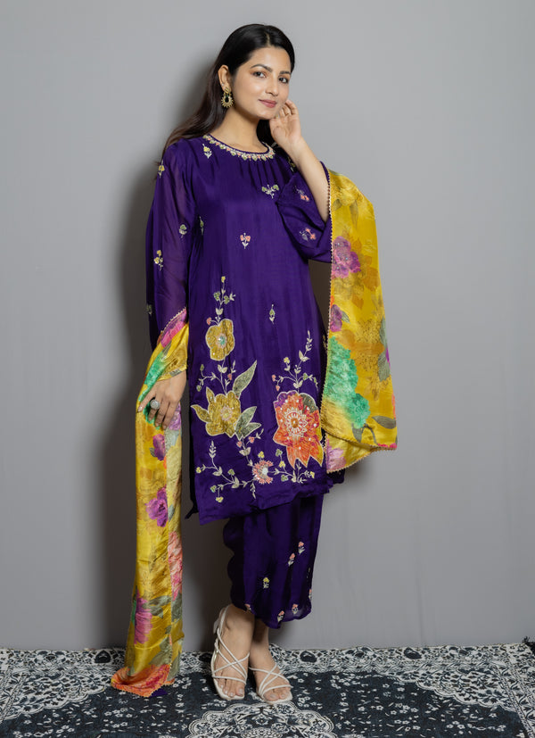 Purple Suit with Contrast Floral Dupatta