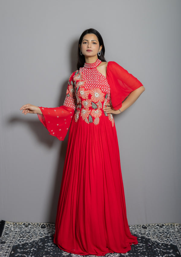 Red Floral Hand Work Gown