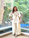 Beige Organza Shirt & Pleated Skirt Set with Applique Detail